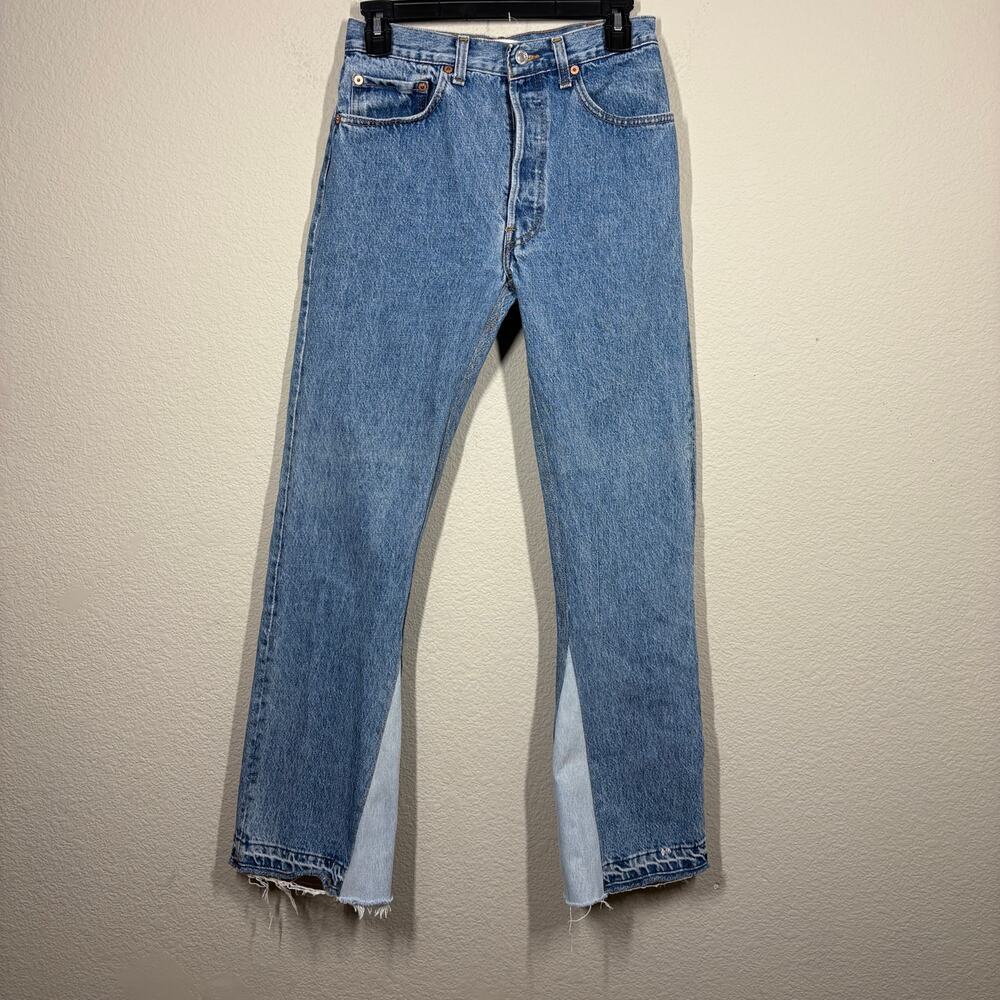 EB Denim Farrah Flare Button Fly Retro Jeans Light Blue Wash Split Hem - Picture 2 of 12